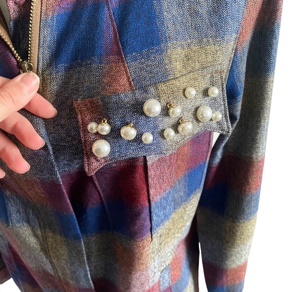 cabi plaid jacket Pearl collage size M medium maroon blue zipper mock neck - Picture 14 of 15